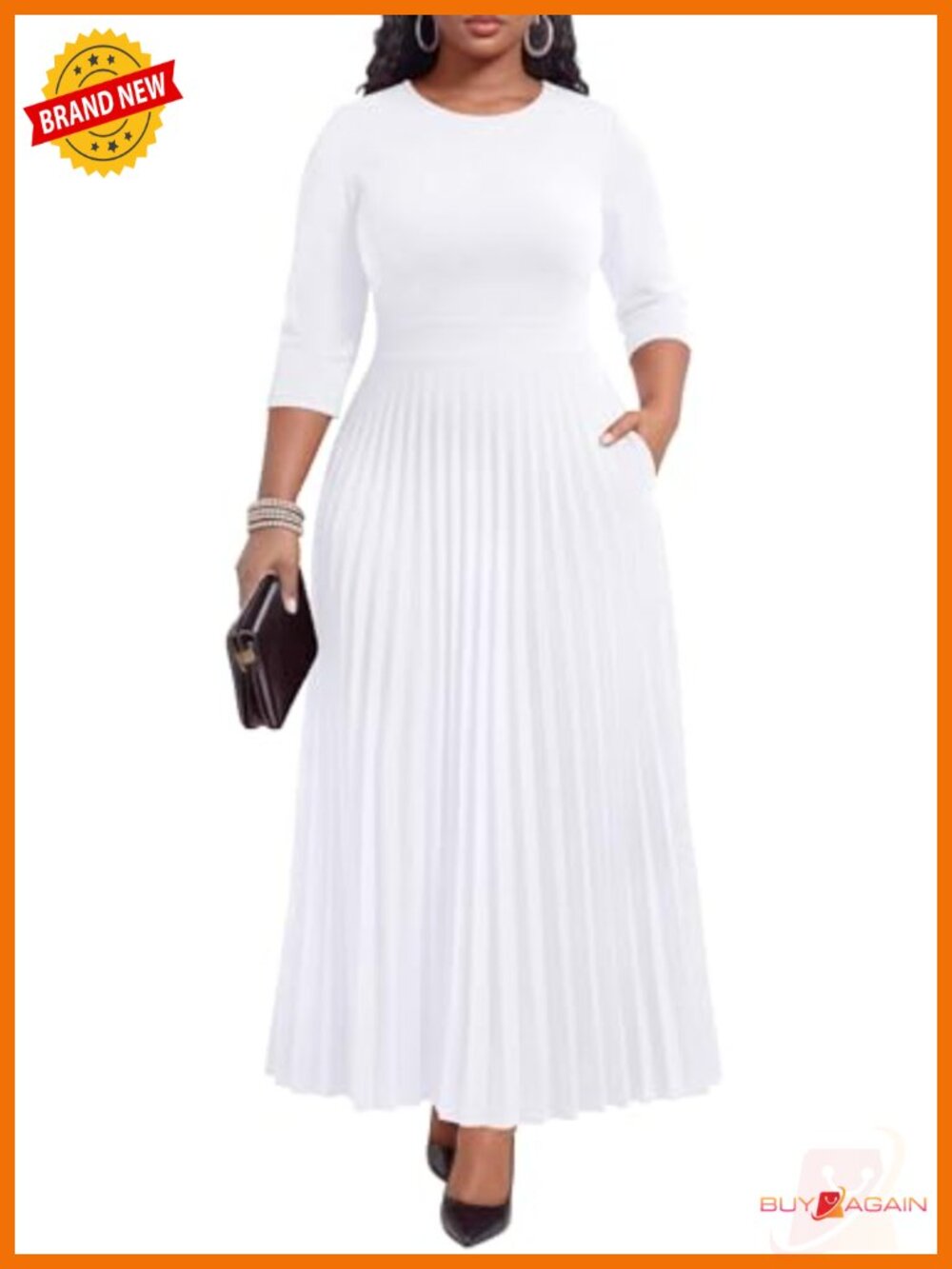 Pleated A-Line Maxi Dress 3/4 Sleeve Empire Waist Pockets Casual